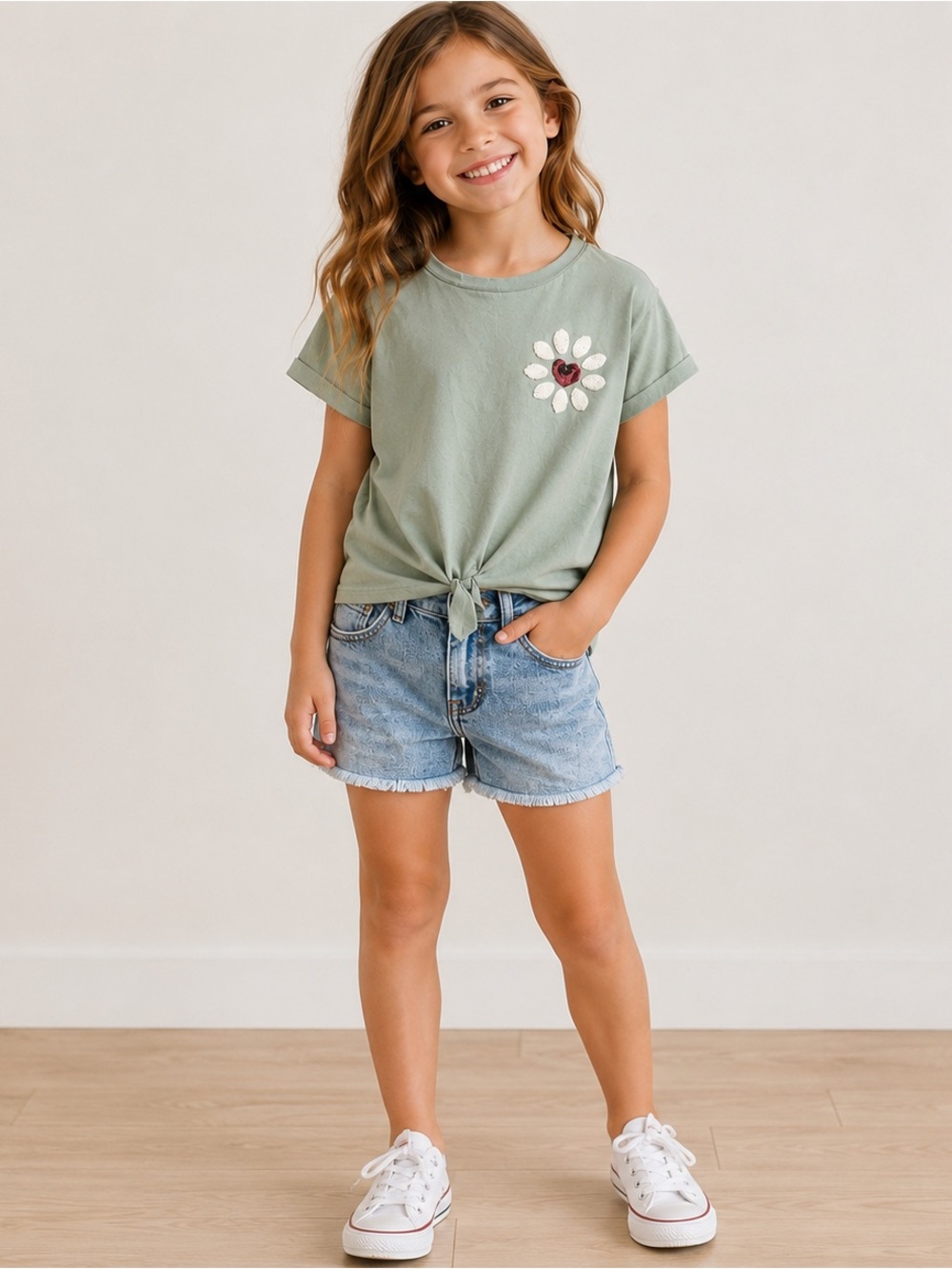 Wonder Nation Green Short Sleeve Tee with Daisy Design